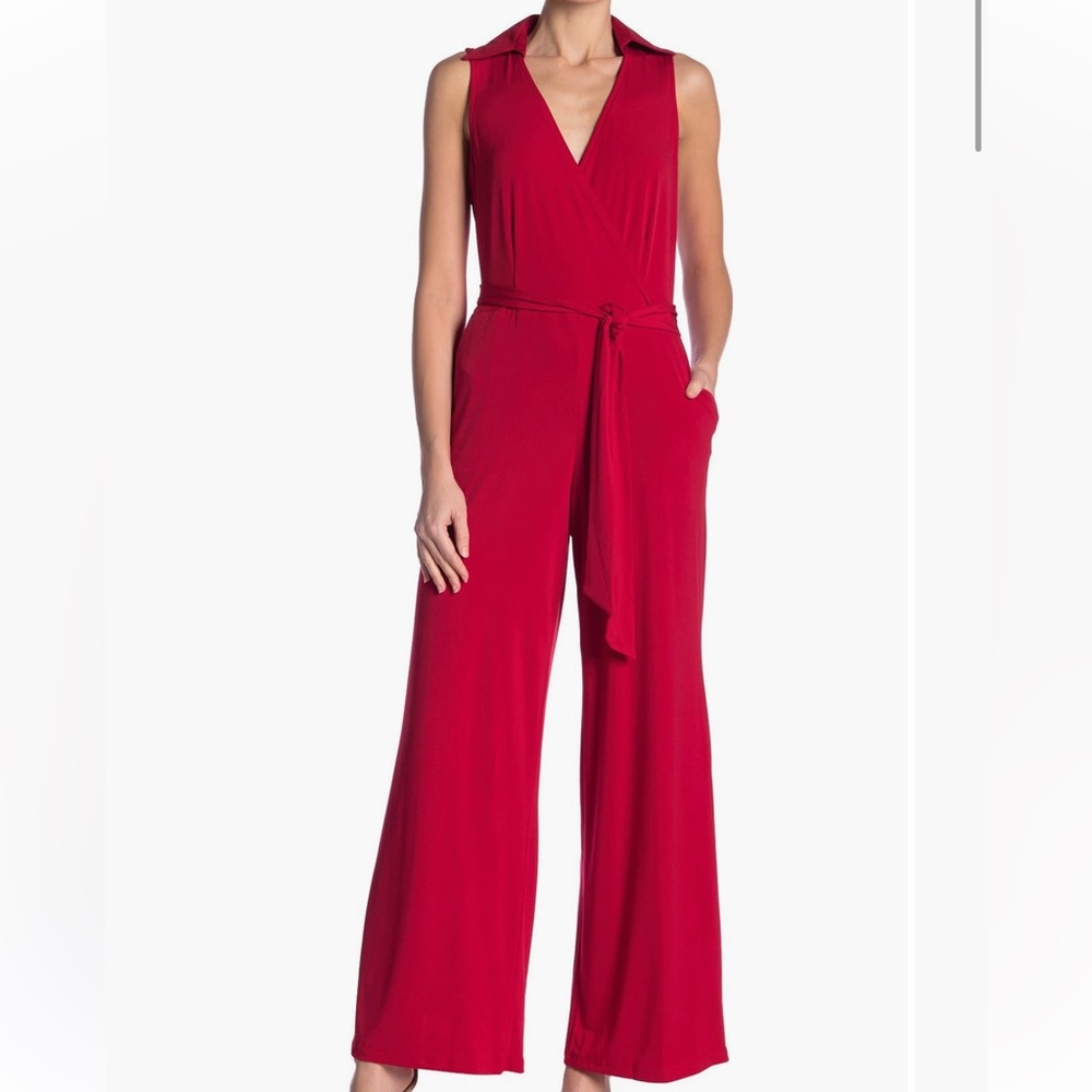 Nina Leonard Red Sleeveless Collared Jumpsuit